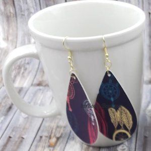 Upside Down Dream Catcher Teardrop Faux Leather Earring (2) ER1632 Handmade NWT